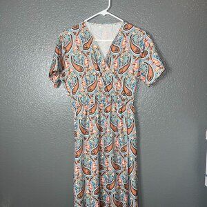 Bohemian Paisley Maxi Dress Size M | Faux-Wrap Summer V-Neck